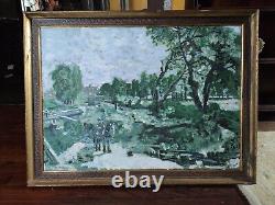 Grande peinture de paysage impressionniste française ancienne vintage 3023