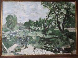 Grande peinture de paysage impressionniste française ancienne vintage 3023