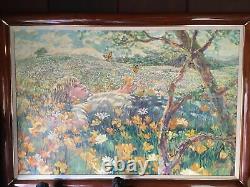 Grande peinture originale à l'huile sur toile CORINNE HARTLEY de 24x36 pouces de fleurs anciennes.