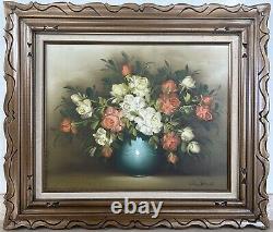 Grande peinture originale à l'huile sur toile signée Steill, nature morte de fleurs dans un vase