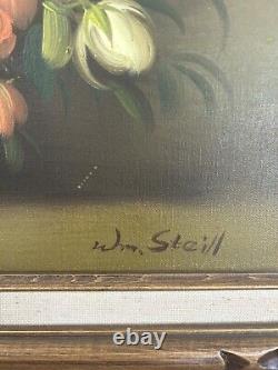 Grande peinture originale à l'huile sur toile signée Steill, nature morte de fleurs dans un vase