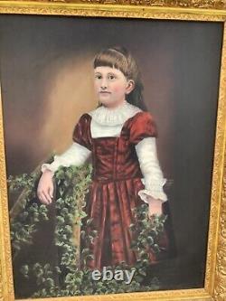 Grande toile ancienne à l'huile sur toile Jeune Fille Grand Cadre Original