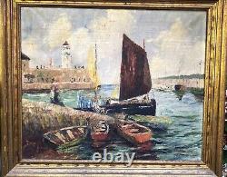 Grande toile originale à l'huile sur toile antique au port de bateaux italien signée G. Gabrielli