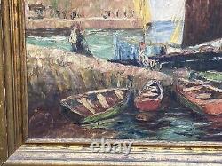 Grande toile originale à l'huile sur toile antique au port de bateaux italien signée G. Gabrielli