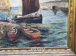 Grande toile originale à l'huile sur toile antique au port de bateaux italien signée G. Gabrielli