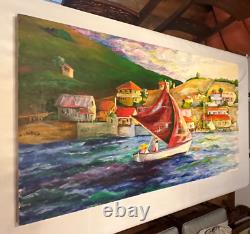 Grande toile originale à l'huile sur toile de voilier dans un village en bord de mer signée Betsy Loeser 26x48