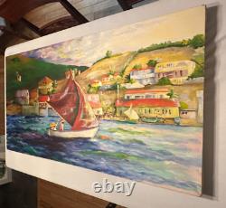 Grande toile originale à l'huile sur toile de voilier dans un village en bord de mer signée Betsy Loeser 26x48