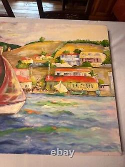 Grande toile originale à l'huile sur toile de voilier dans un village en bord de mer signée Betsy Loeser 26x48