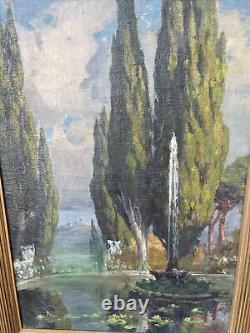 Grands grands cyprès italiens anciens et fontaine - Peinture à l'huile impressionniste