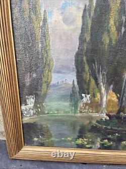 Grands grands cyprès italiens anciens et fontaine - Peinture à l'huile impressionniste