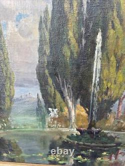 Grands grands cyprès italiens anciens et fontaine - Peinture à l'huile impressionniste