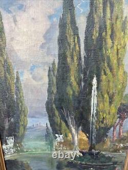 Grands grands cyprès italiens anciens et fontaine - Peinture à l'huile impressionniste