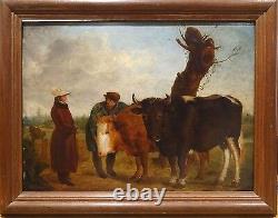 Grands taureaux de prix du 18ème siècle Peinture à l'huile ancienne du paysage du fermier et du propriétaire