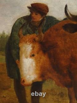 Grands taureaux de prix du 18ème siècle Peinture à l'huile ancienne du paysage du fermier et du propriétaire