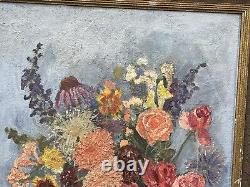 Huile Antique Impressionniste Style Peinture À L'huile Fleurs Florales Artiste Signé 1926