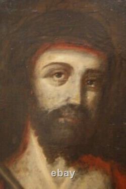 Huile Antique Sur Panneau Français Représentant Jésus Christ Peinture Encadrée Rare Vieux 17ème