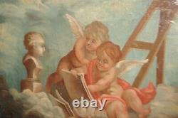 Huile Antique Toile Italienne Chérubins Sacrés Anges Nuages Peinture Rare Vieux 1700