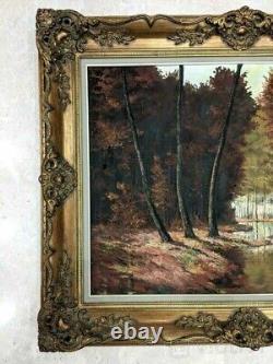 Huile Antique Toile Stream Automne Forêt Hollande Signé Peinture Encadrée Rare Vieux