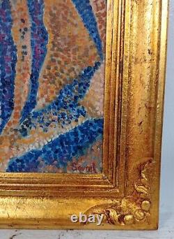 Huile antique sur toile de Georges Pierre Seurat datée de 1886 avec cadre en feuille dorée