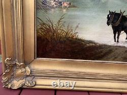 Immense peinture à l'huile sur toile du 19ème siècle représentant un paysage de ferme avec des vaches, signée