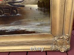 Immense peinture à l'huile sur toile du 19ème siècle représentant un paysage de ferme avec des vaches, signée