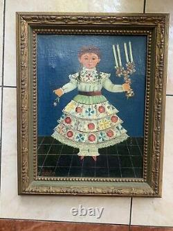 Important Agapito Labios Peinture à l'huile d'art populaire mexicain antique