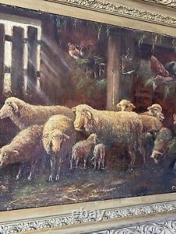 Importante peinture à l'huile de mouton antique du XIXe siècle par Feodor Von Luerzer