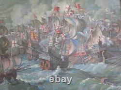 Incroyable peinture à l'huile nautique de grands navires anciens, artiste mystère signé, port