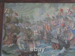 Incroyable peinture à l'huile nautique de grands navires anciens, artiste mystère signé, port