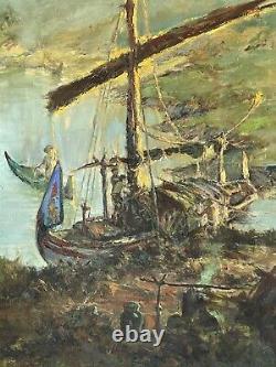Incroyable vieille peinture à l'huile impressionniste abstraite de paysage marin de bateau antique moderne