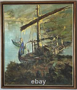Incroyable vieille peinture à l'huile impressionniste abstraite de paysage marin de bateau antique moderne