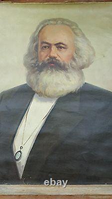 Karl Marx Grande Peinture à l'Huile Originale Ancienne sur Toile