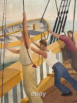 La peinture à l'huile d'un bateau de l'ère de la machine, d'époque ancienne et vintage, dans le style de l'Art Déco des antiquités modernes d'Eames.