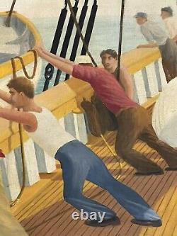 La peinture à l'huile d'un bateau de l'ère de la machine, d'époque ancienne et vintage, dans le style de l'Art Déco des antiquités modernes d'Eames.