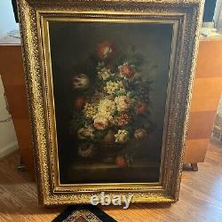 Magnifique! Floral Antique huile sur toile (34x46) Cadre en bois Nature morte (signée)