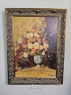 Magnifique peinture à l'huile florale ancienne et vintage