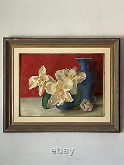 Magnifique peinture à l'huile impressionniste d'une nature morte moderne d'antiquités avec des fleurs vintage 65