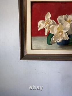 Magnifique peinture à l'huile impressionniste d'une nature morte moderne d'antiquités avec des fleurs vintage 65
