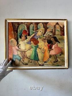 Magnifique tableau d'huile impressionniste antique moderne de danse vintage d'enfants garçon fille.