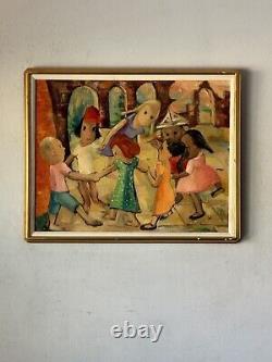Magnifique tableau d'huile impressionniste antique moderne de danse vintage d'enfants garçon fille.