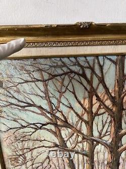 Merveilleux Antique Plein Air Paysage Impressionniste Peinture À L'huile Vieille Neige D'hiver
