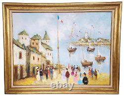 Monumental Vintage Encadré Impressionist Oil Painting Sur Toile Francais Riviera