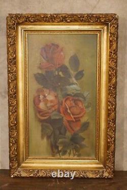 Nature morte antique de roses à l'huile sur toile, cadre doré du XIXe siècle, 18 par 24