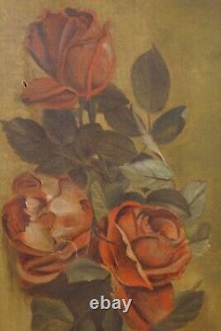 Nature morte antique de roses à l'huile sur toile, cadre doré du XIXe siècle, 18 par 24
