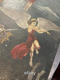 PAIRE de peintures à l'huile sur toile d'art populaire antique : Révélation de l'affrontement des anges et des démons