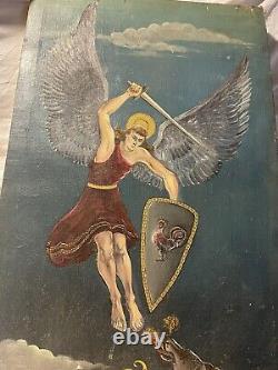 PAIRE de peintures à l'huile sur toile d'art populaire antique : Révélation de l'affrontement des anges et des démons