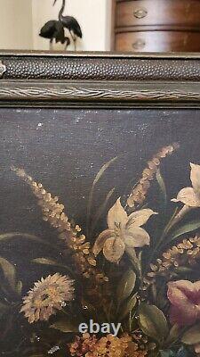 PEINTURE À L'HUILE ANTIQUE sur panneau floral italien signée et encadrée