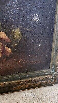 PEINTURE À L'HUILE ANTIQUE sur panneau floral italien signée et encadrée