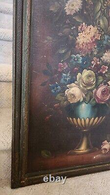 PEINTURE À L'HUILE ANTIQUE sur panneau floral italien signée et encadrée