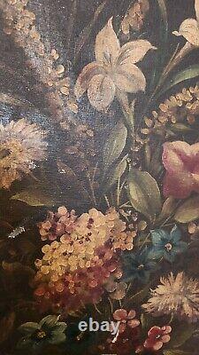 PEINTURE À L'HUILE ANTIQUE sur panneau floral italien signée et encadrée